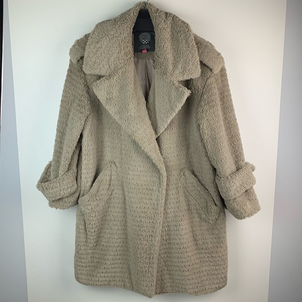Vince Camuto Women’s Faux Fur Coat Collared size M Beige Tan Teddy Jacket